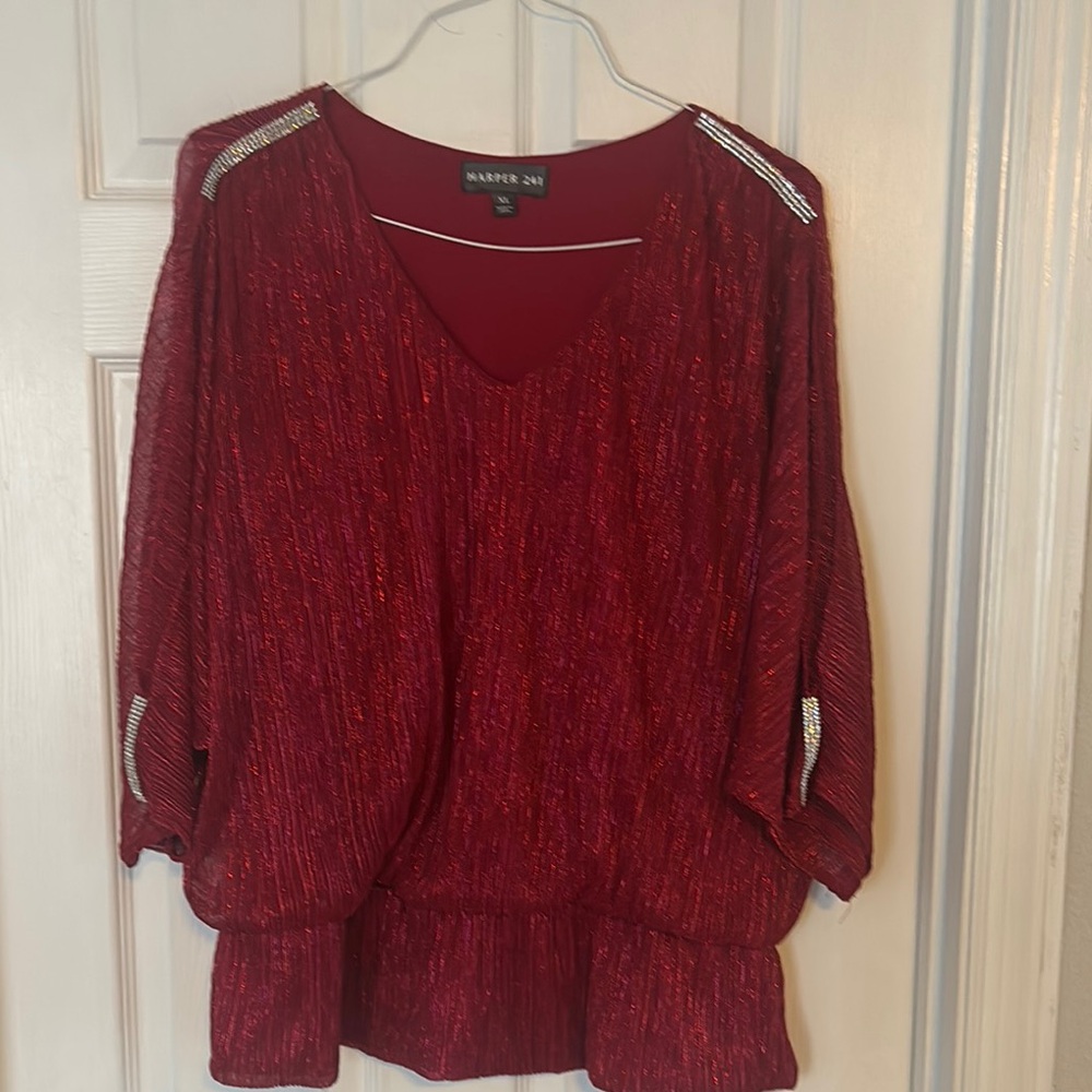 Harper Red Women's Top with Embellished Shoulders